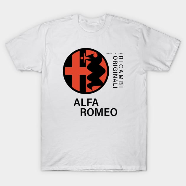 Alfa Romeo Ricambi Originali black text T-Shirt by fmDisegno